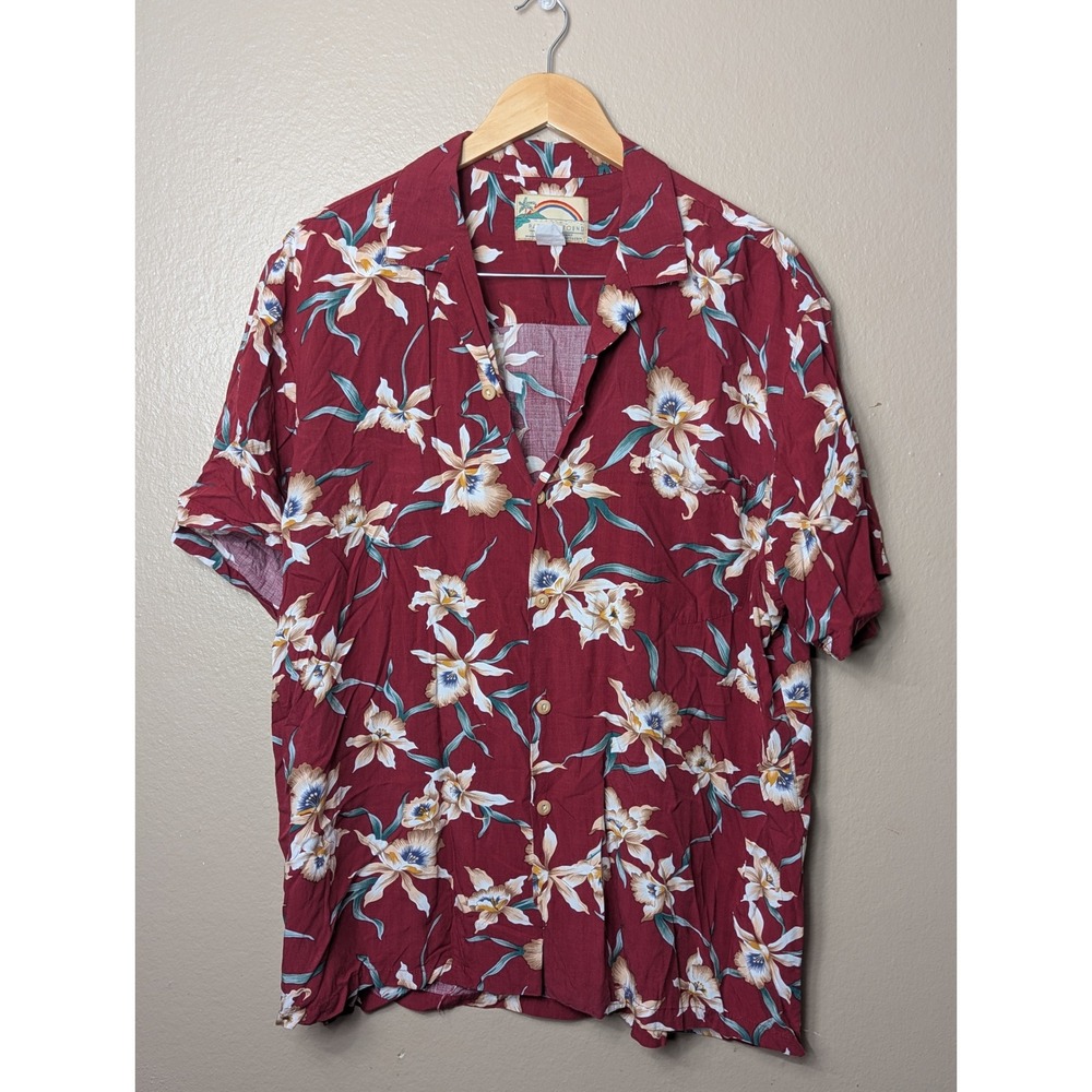 Paradise Found Hawaiian Shirt Mens XL Red Floral Orchid Rayon Aloha Camp Button